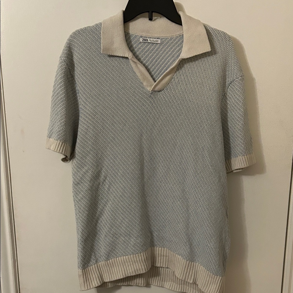 Zara Textured Knit Polo in Light blueand Cream